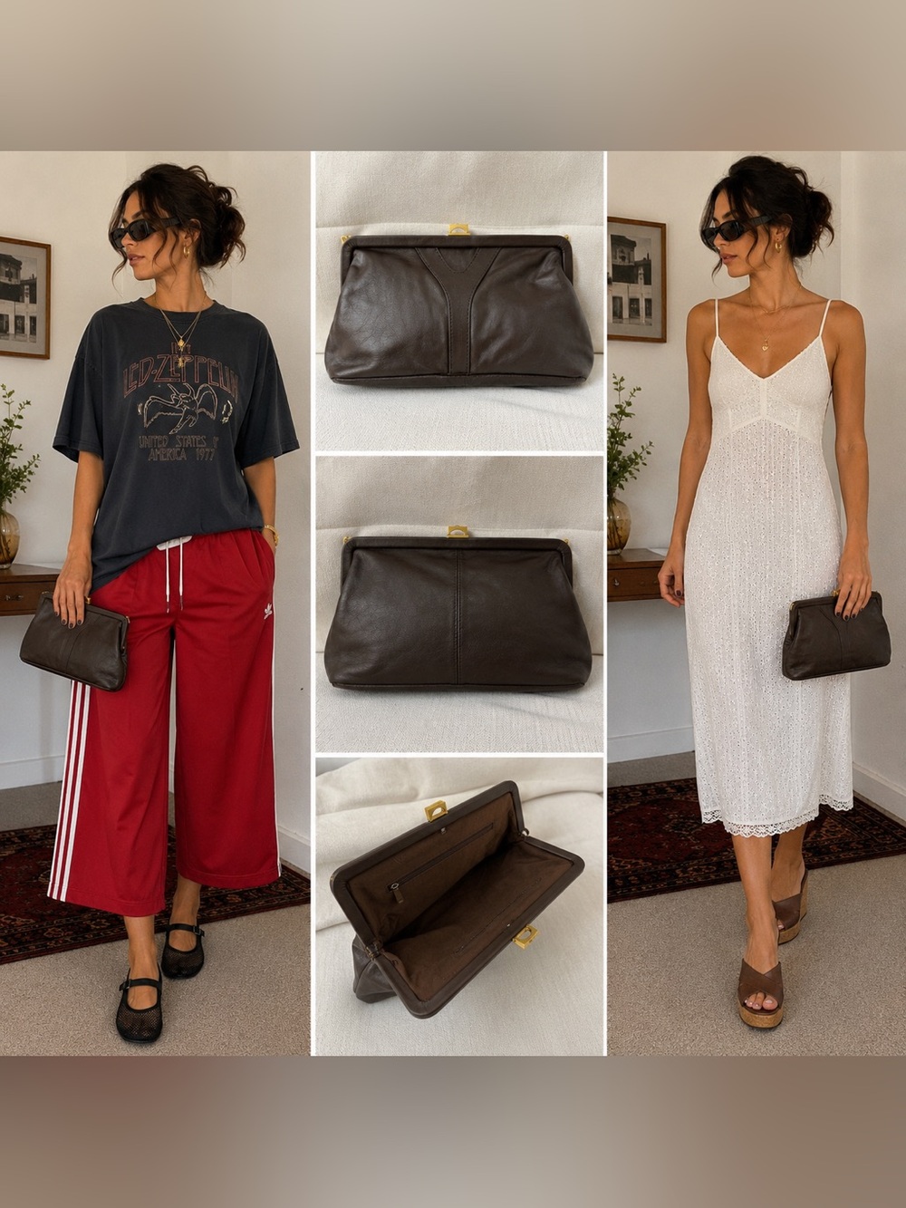 Vintage Genuine Leather Frame Clutch Brown Gold Hardware Y-Line Design